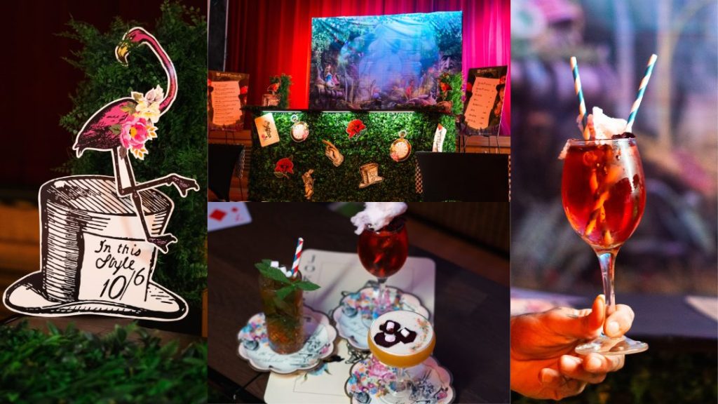 A collage of images. A decal of a flamingo on top of a top hat from Alice in wonderland. A bar covered in fake grass with Alice and wonderland stickers. Three cocktails on top of a mad hatter playing car. A mans hand holding a cocktail with candy floss on top.