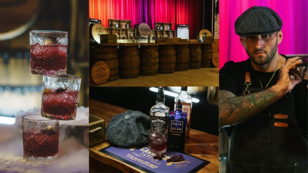 A collage of images. Three cocktails on top of each other. Multiple wooden barrels next to each other to make a bar. A flat cap next to three bottles of alcohol on top of a bar. A man wearing a flat cap and apron shaking a cocktail shaker.