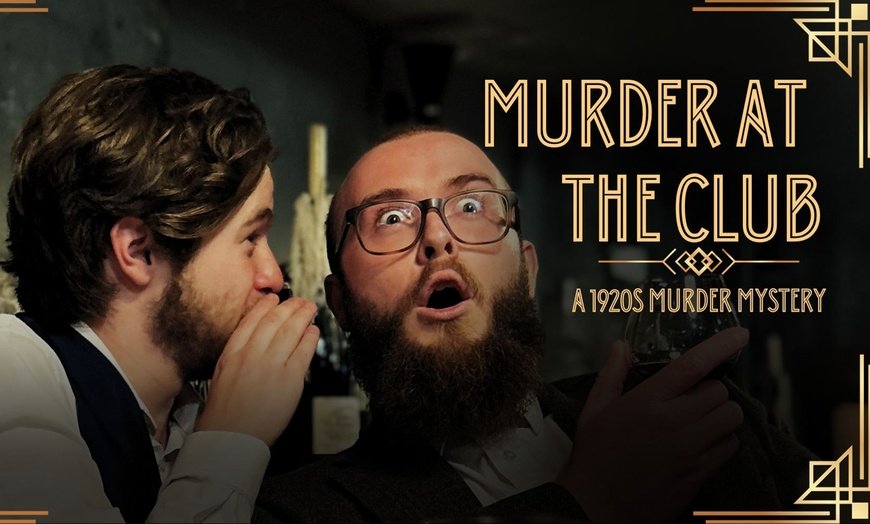 A man whispering into another mans ear who is holding a wine glass while playing a murder mystery game.