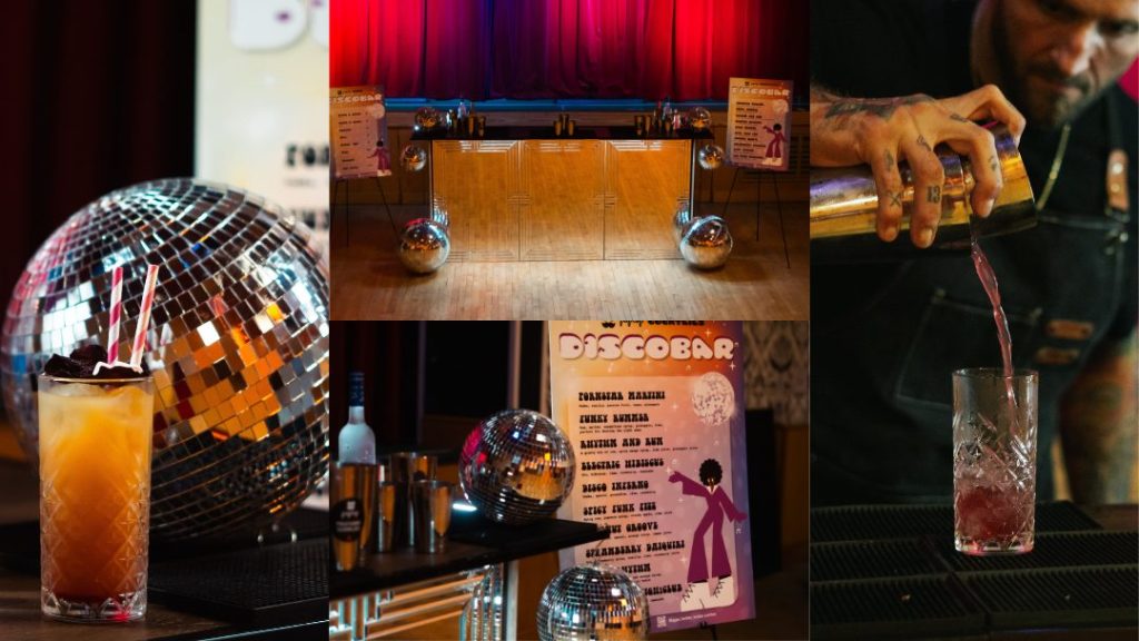 A collab of images. A cocktail in front of a disco ball on top of a bar. Multiple mirrors connect together to make a bar with disco balls on top. A bar menu next to the bar with disco balls and cocktail shakers on top.