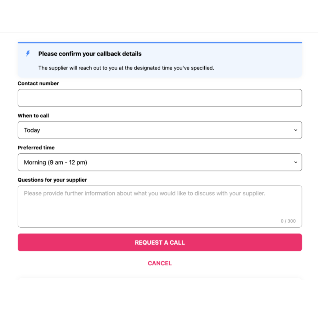 A form for requesting a call with a supplier at a certain time of day
