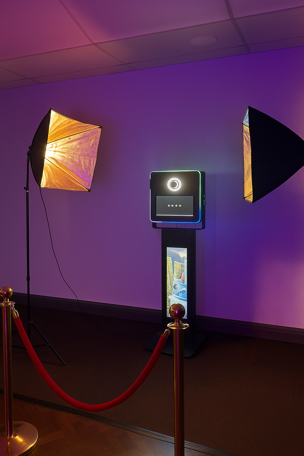 A sleek photo booth stands against a softly lit purple wall, flanked by warm studio lights, exuding a trendy, modern atmosphere.
