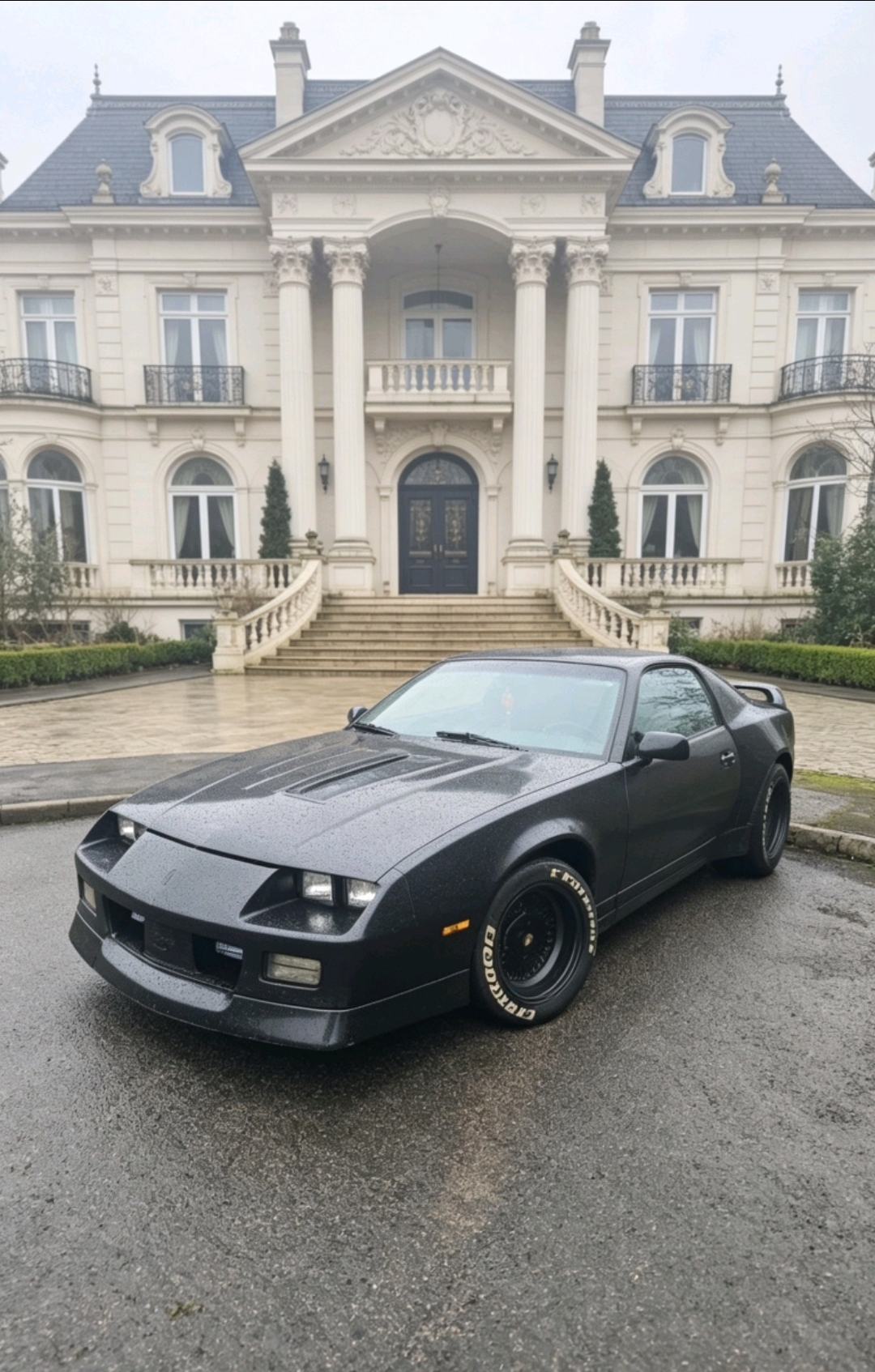 Rain-speckled black Pontiac Trans Am parked before an ornate cream mansion, moody overcast light, polished luxury backdrop.