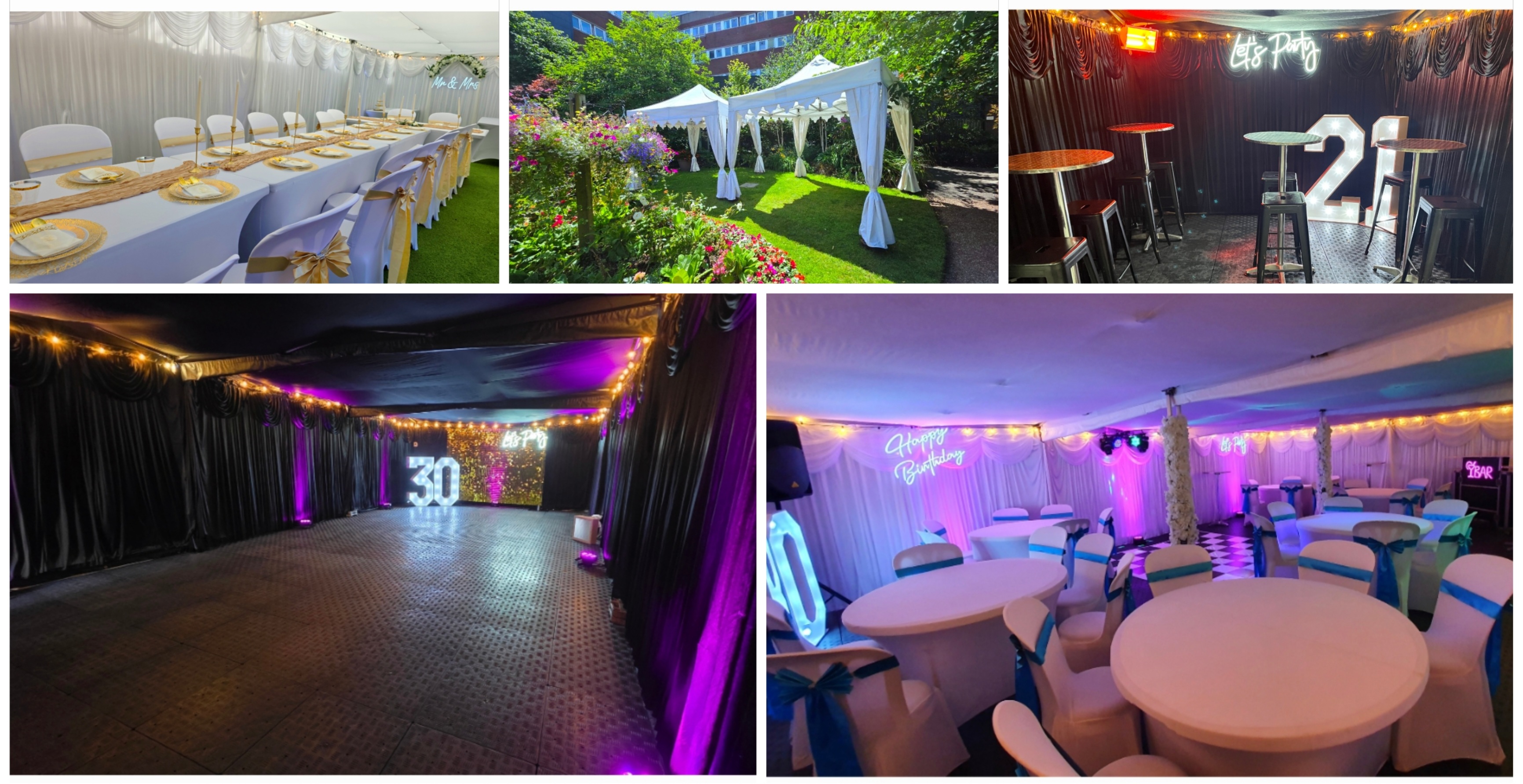 4.5 x 6m Party Tent in Black or White INCLUDES Plastic Flooring & Lighting