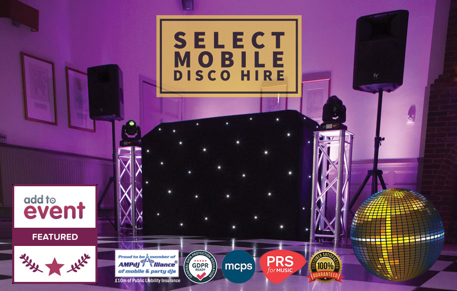 Purple-lit mobile disco hire setup with starcloth DJ booth, silver truss, speakers, and mirror ball on polished event-floor.