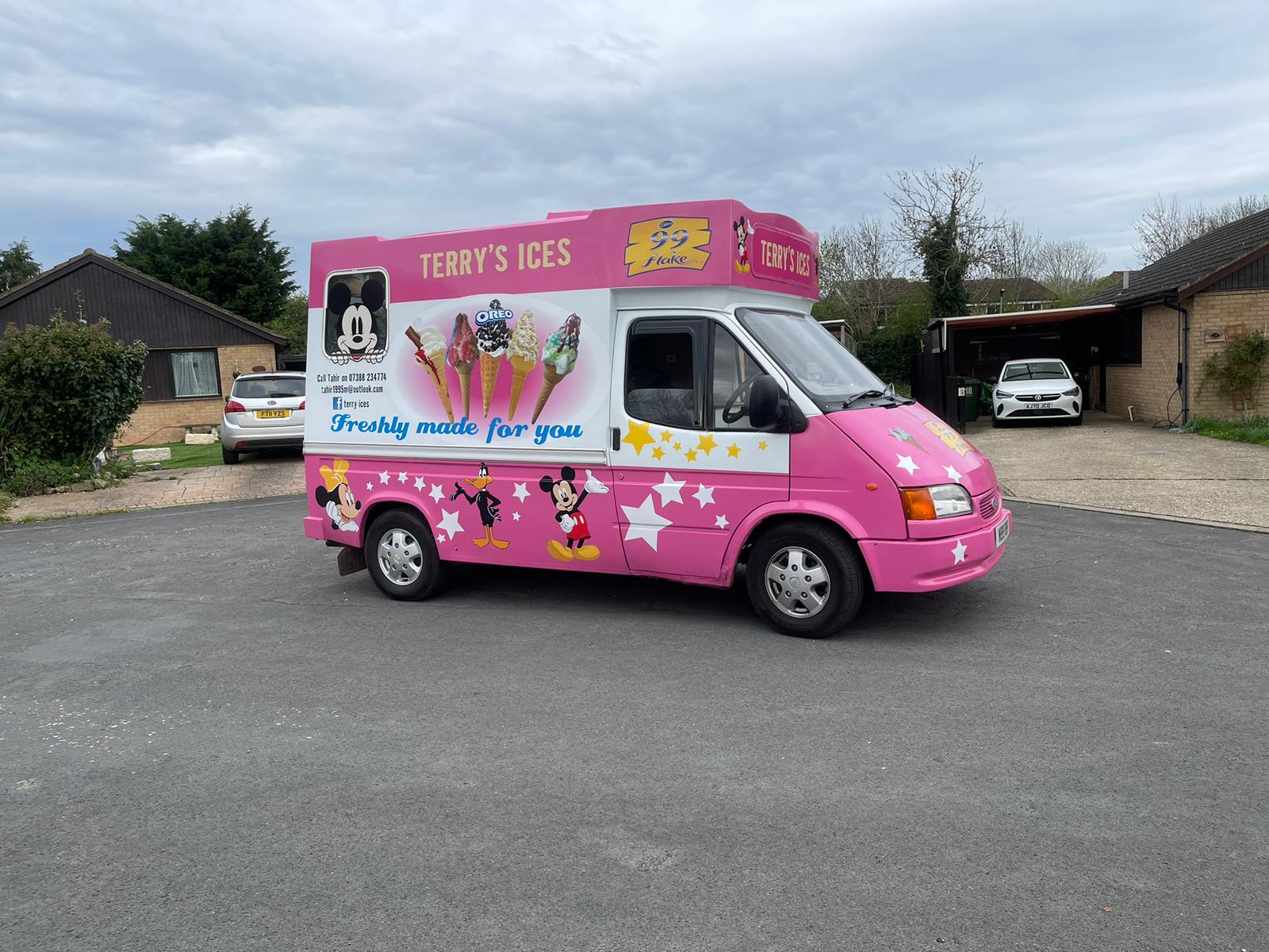 Bright pink Terry's Ices catering van, decorated with Disney graphics and cone photos, parked on a quiet driveway under cloudy daylight.