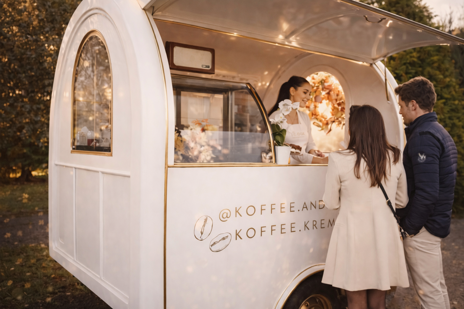 A charming vintage coffee cart with a white exterior and gold accents serves two customers; warm autumn sunlight enhances the inviting atmosphere.