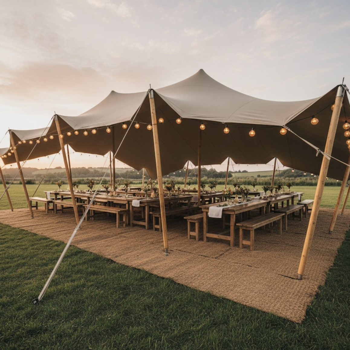10m x 15m Chino Stretch Tent Hire with Eucalyptus Wooden Poles