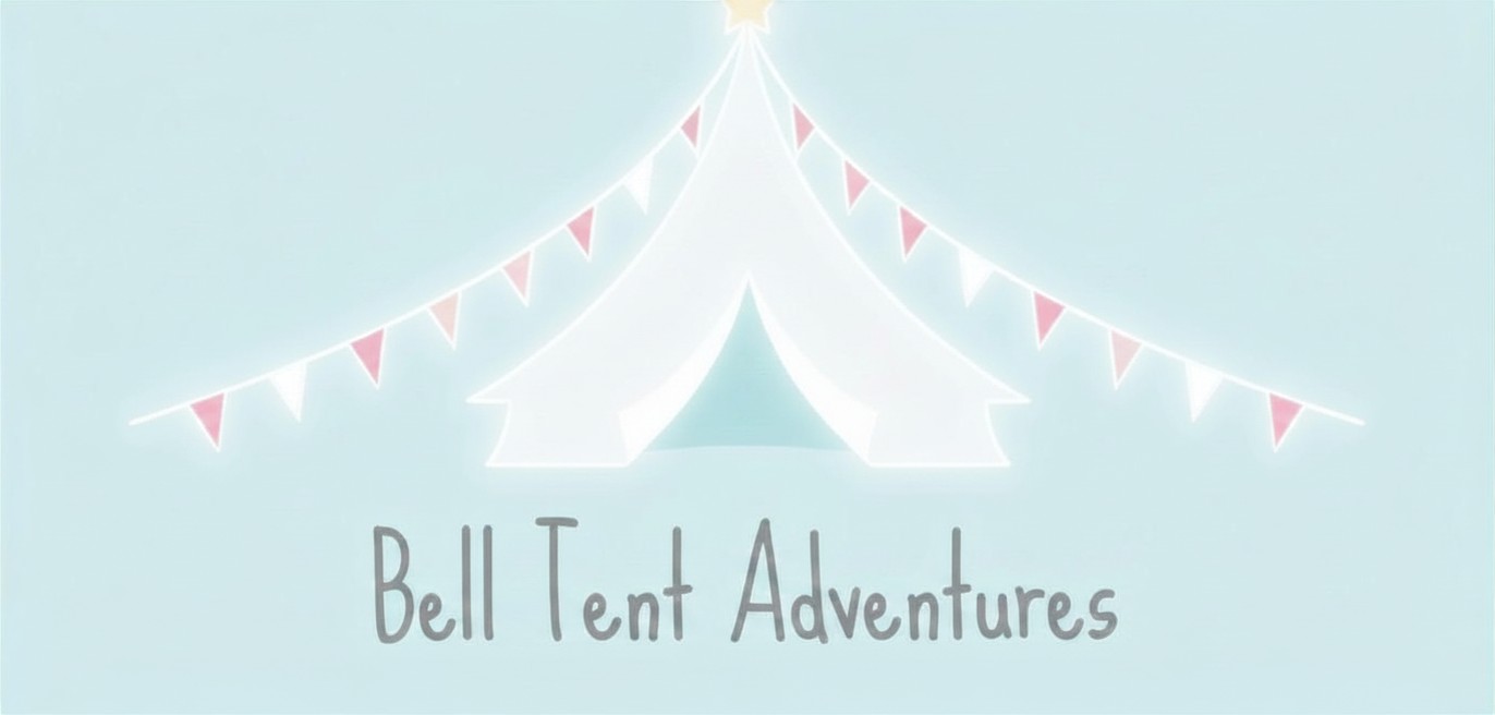 A cozy bell tent decoratively adorned with colorful bunting sits on lush green grass, with warm ambient lighting creating a welcoming vibe.
