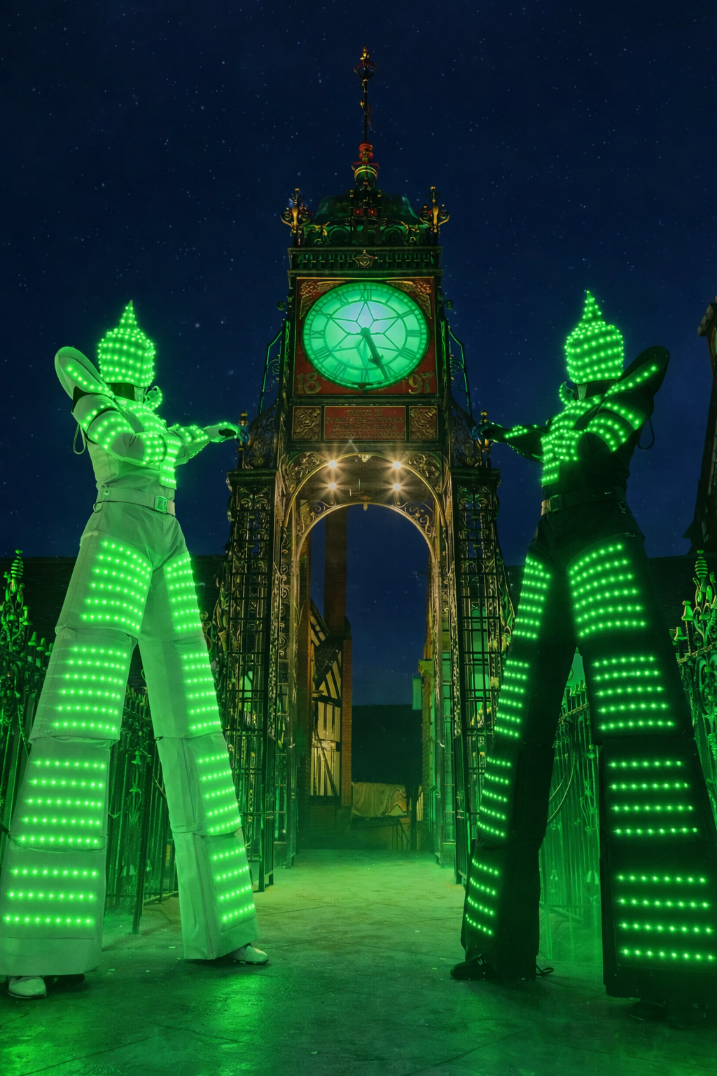 Illuminated performers in green LED costumes stand at a vintage clock tower, creating a vibrant, festive atmosphere under a starlit sky.
