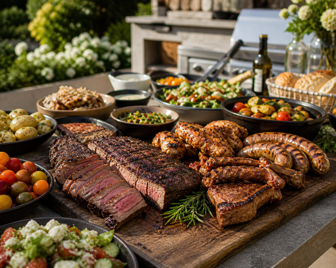 A chef in a striped apron grills juicy burgers and colorful vegetable skewers outdoors, surrounded by bright greenery and lively summer vibes.