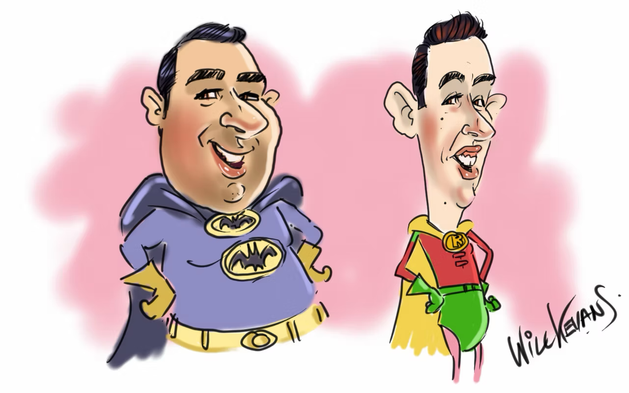 Playful caricature of Batman and Robin in bright comic colors on a pink backdrop, clean illustrated style with a fun superhero vibe.