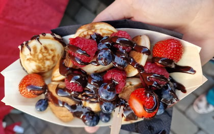 Delightful Mini-Pancake Cart with an Array of Toppings
