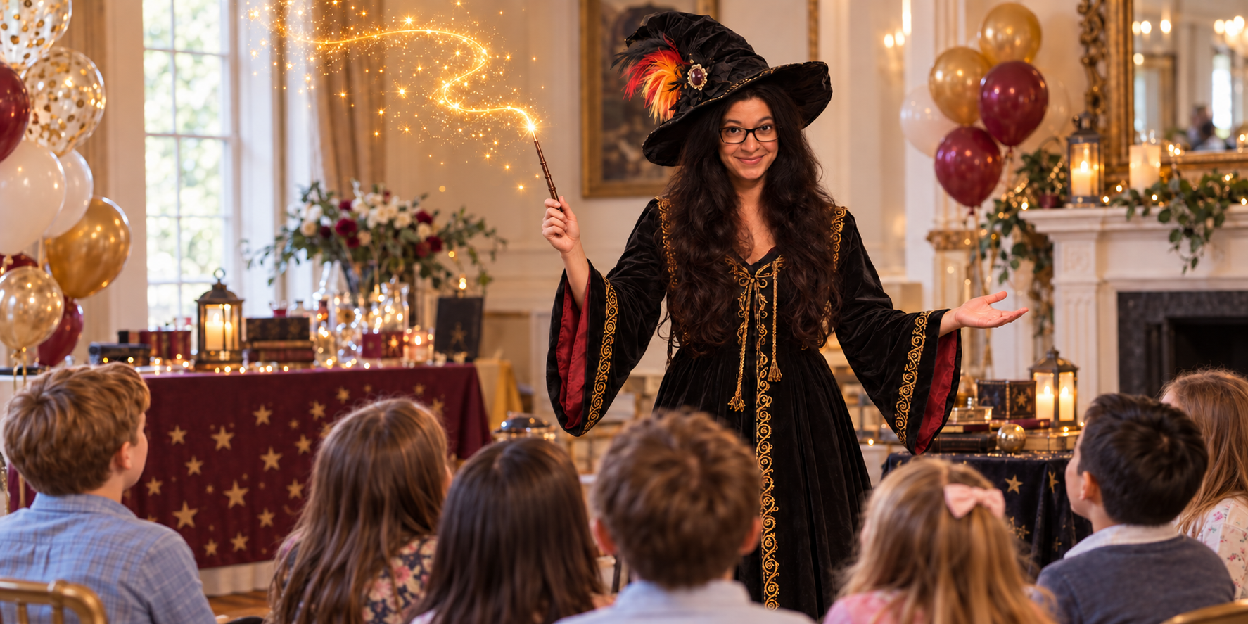 Magician entertains children at a candlelit party, with sparkling wand, balloon décor, starry catering table, and polished service setup.
