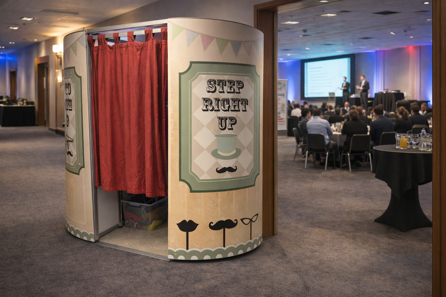 A sleek white photo booth with a bright red curtain stands against a softly lit background, while an assortment of fun props is displayed nearby.