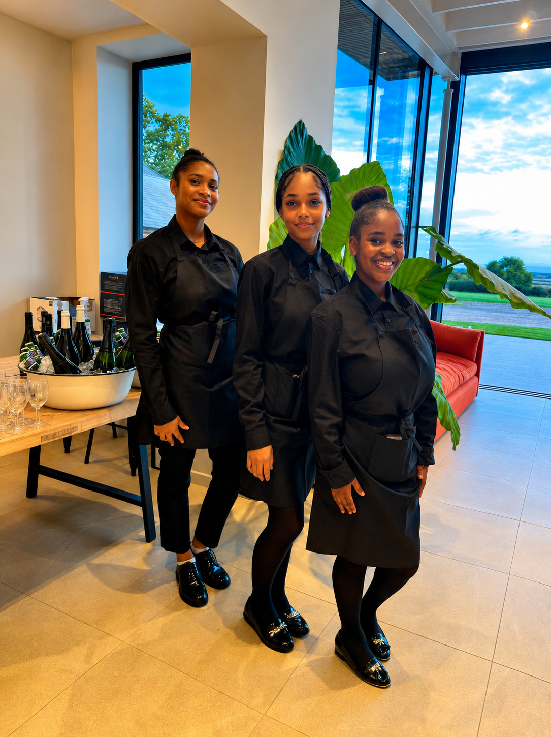 Three waitstaff in black uniforms stand confidently beside a polished wood table showcasing elegant glassware and chilled beverages, under soft daylight.