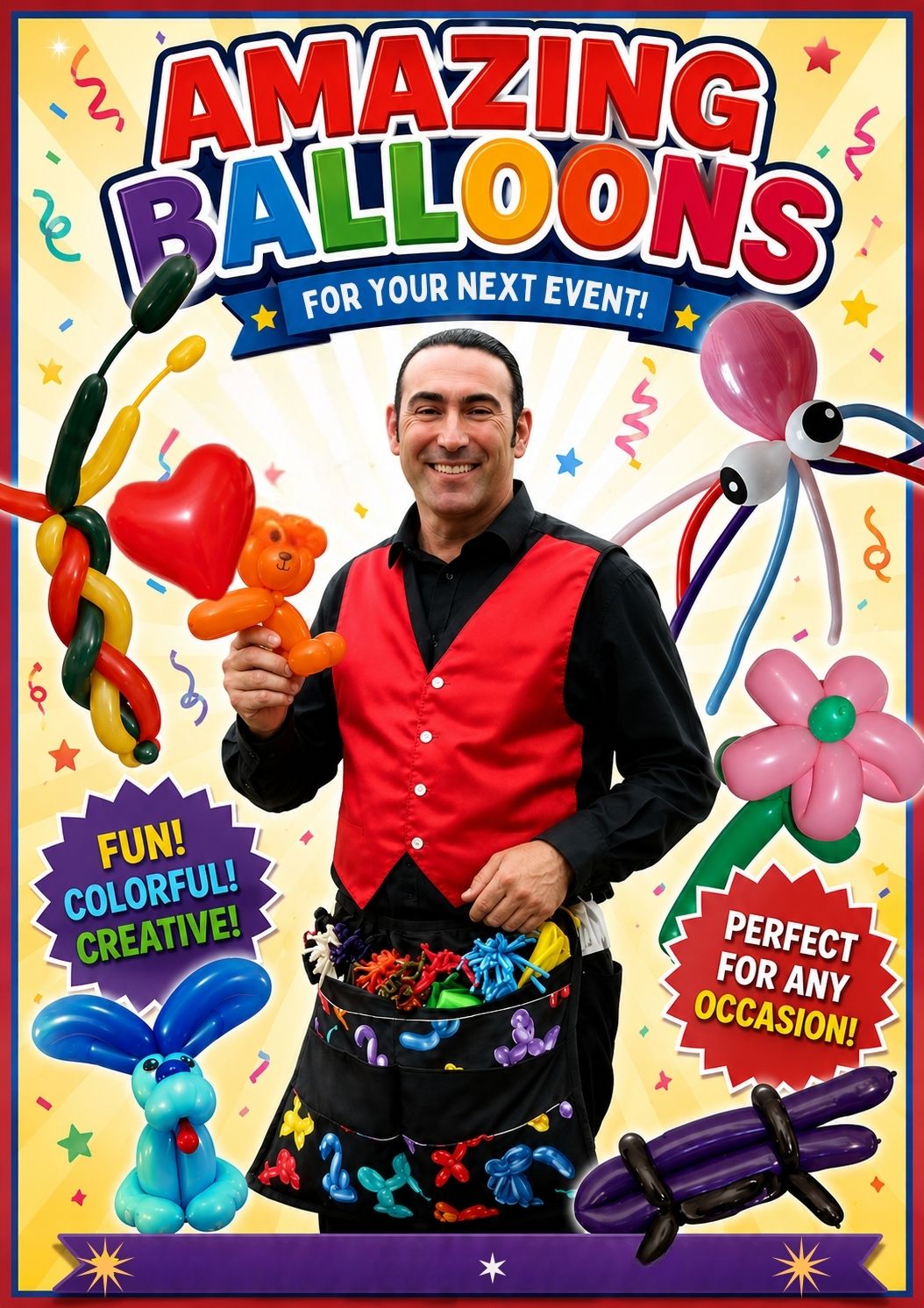 A cheerful outdoor scene features a performer crafting balloon animals for excited children, surrounded by vibrant bunting and trees.
