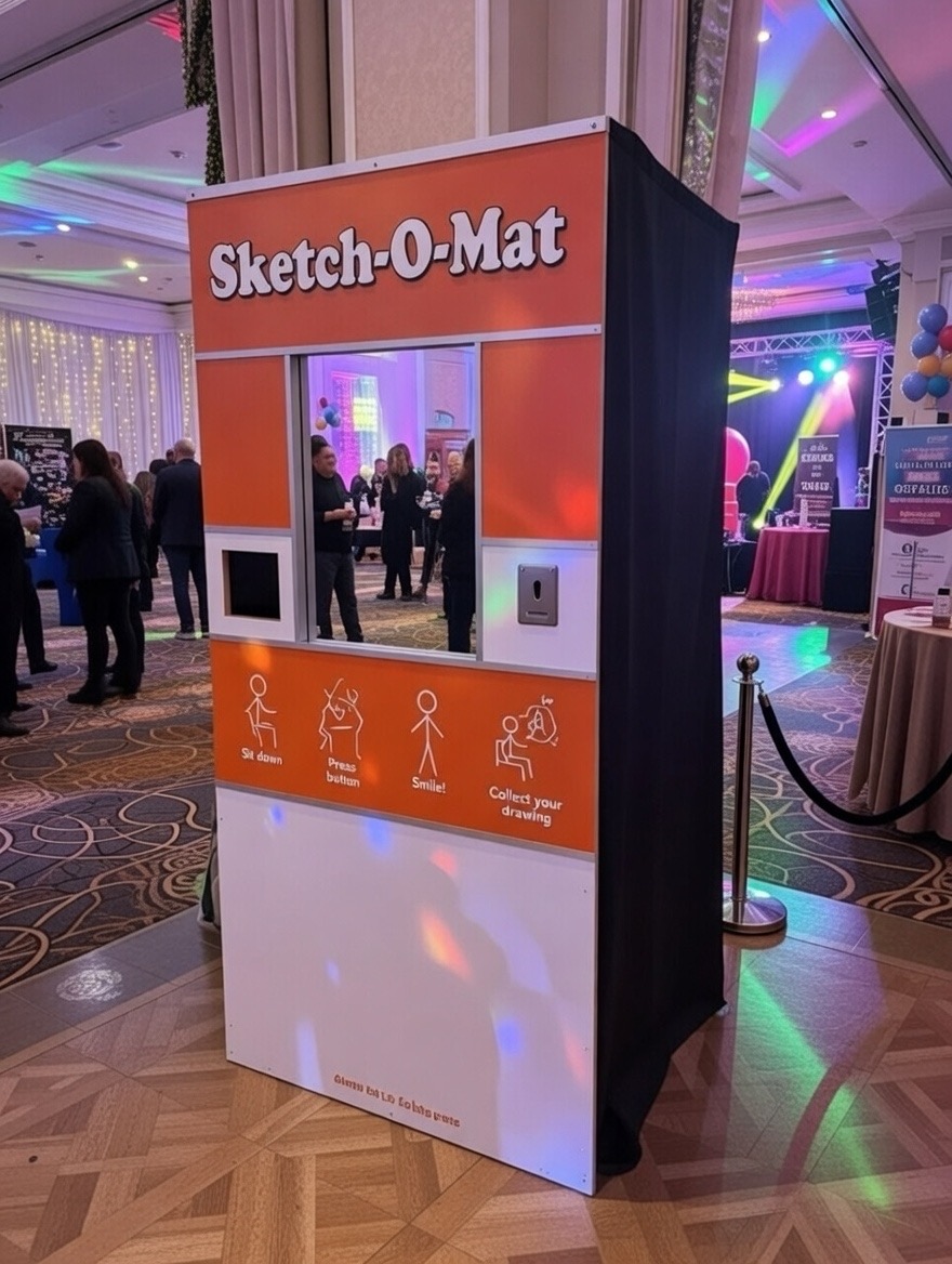 A vibrant event space features a "Sketch-O-Mat" booth, surrounded by guests mingling under colorful lights and a lively atmosphere.