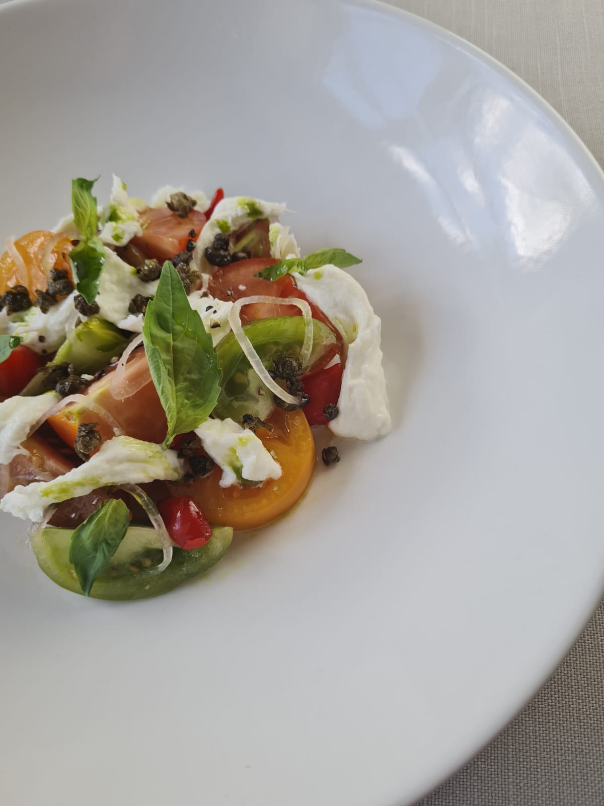 A vibrant salad showcases heirloom tomatoes, creamy mozzarella, crisp basil, and capers, elegantly arranged in a white bowl under bright daylight.