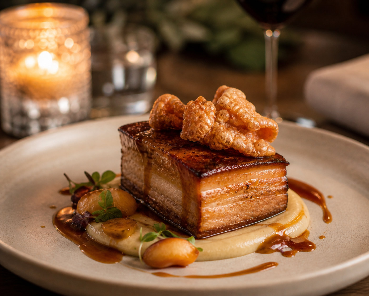 A plate displays tender duck breast, artfully arranged with glazed zucchini, roasted cauliflower, and a creamy sauce, under soft daylight.