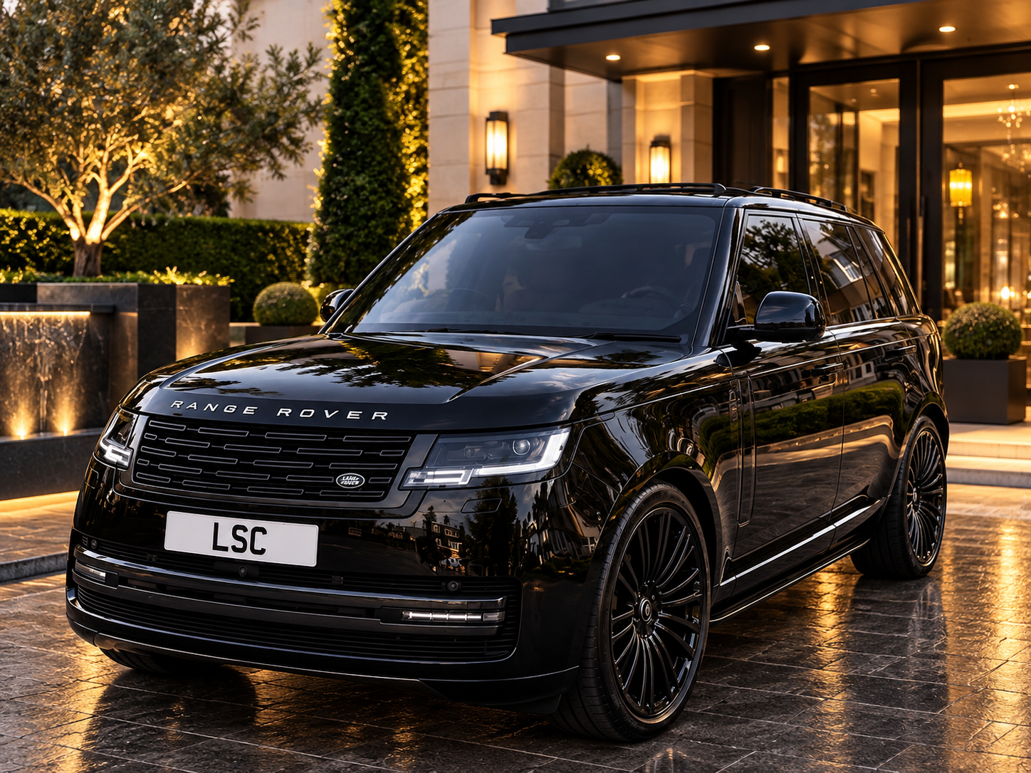 Glossy black Range Rover SUV parked on a slate drive outside a luxury hotel, warm golden lighting and polished concierge-style arrival.