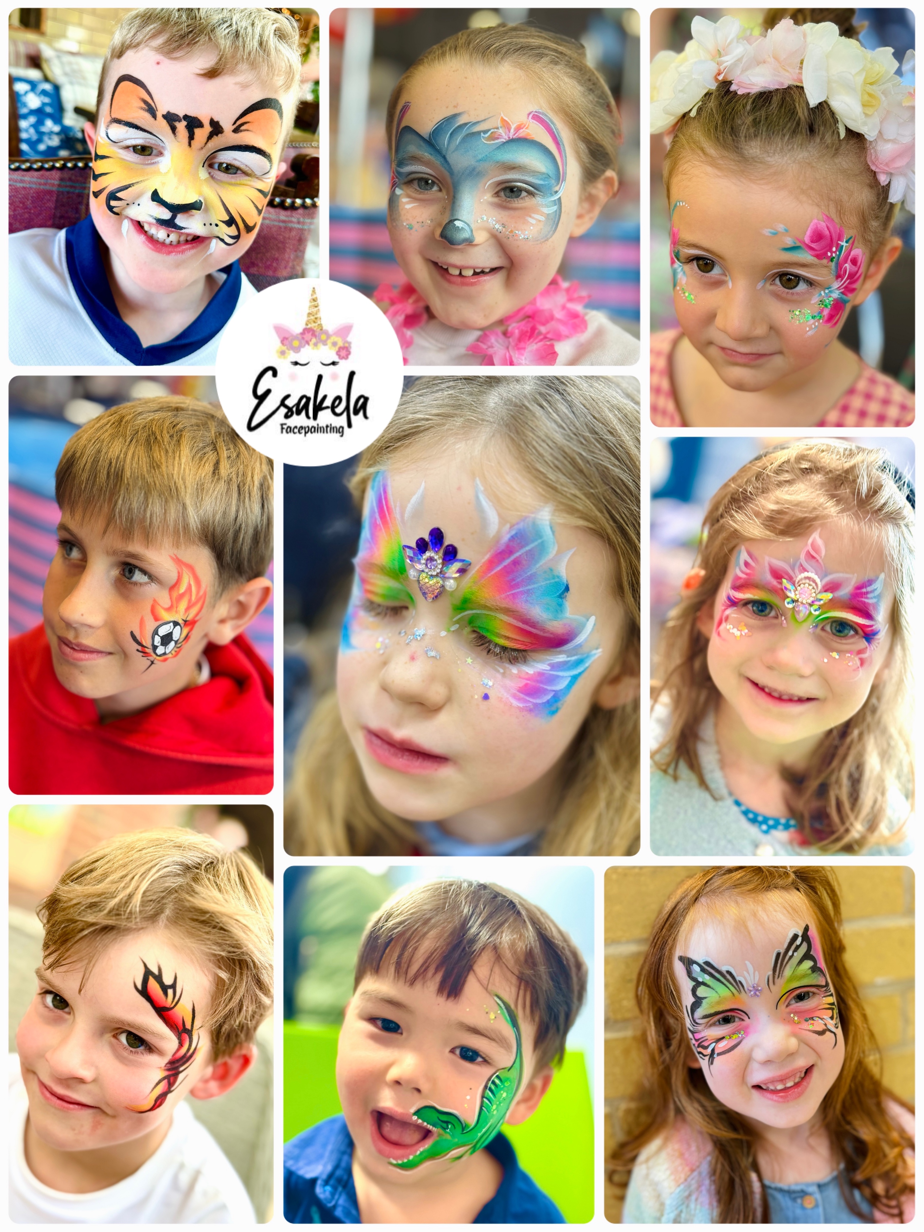 Colorful face-painting collage of smiling children with tiger, butterfly and unicorn designs, bright indoor lighting, polished party-service presentation.