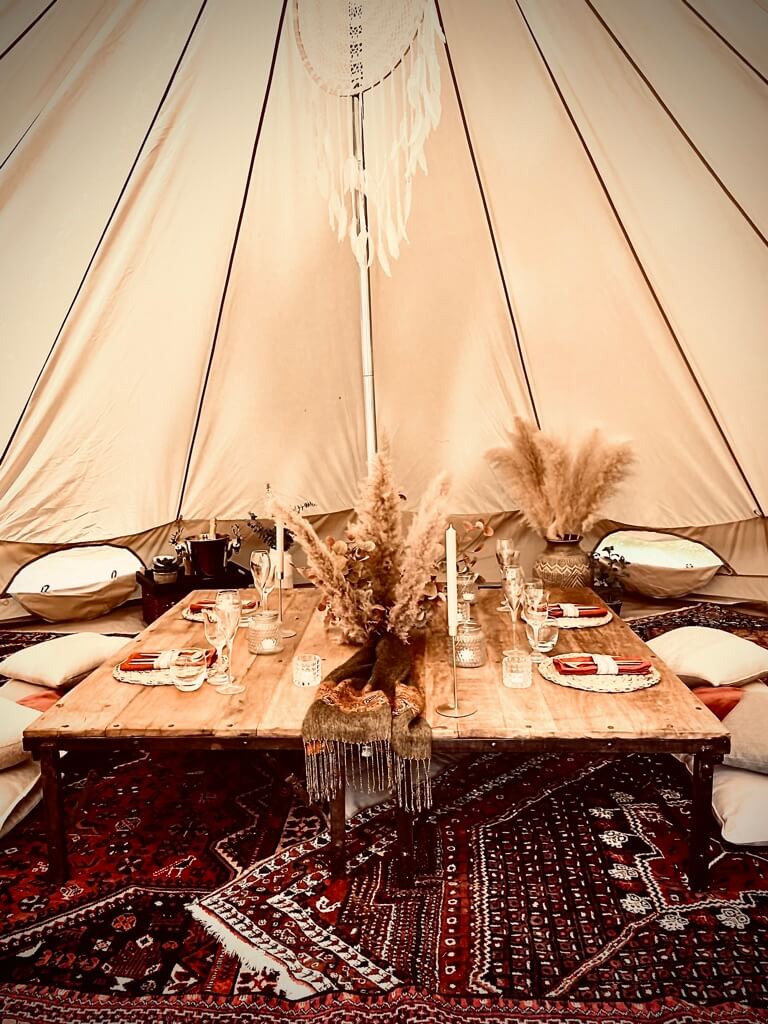Decorated Earthy Boho Luxury Bell Tent Picnic/Dinner Party up to 12 guests