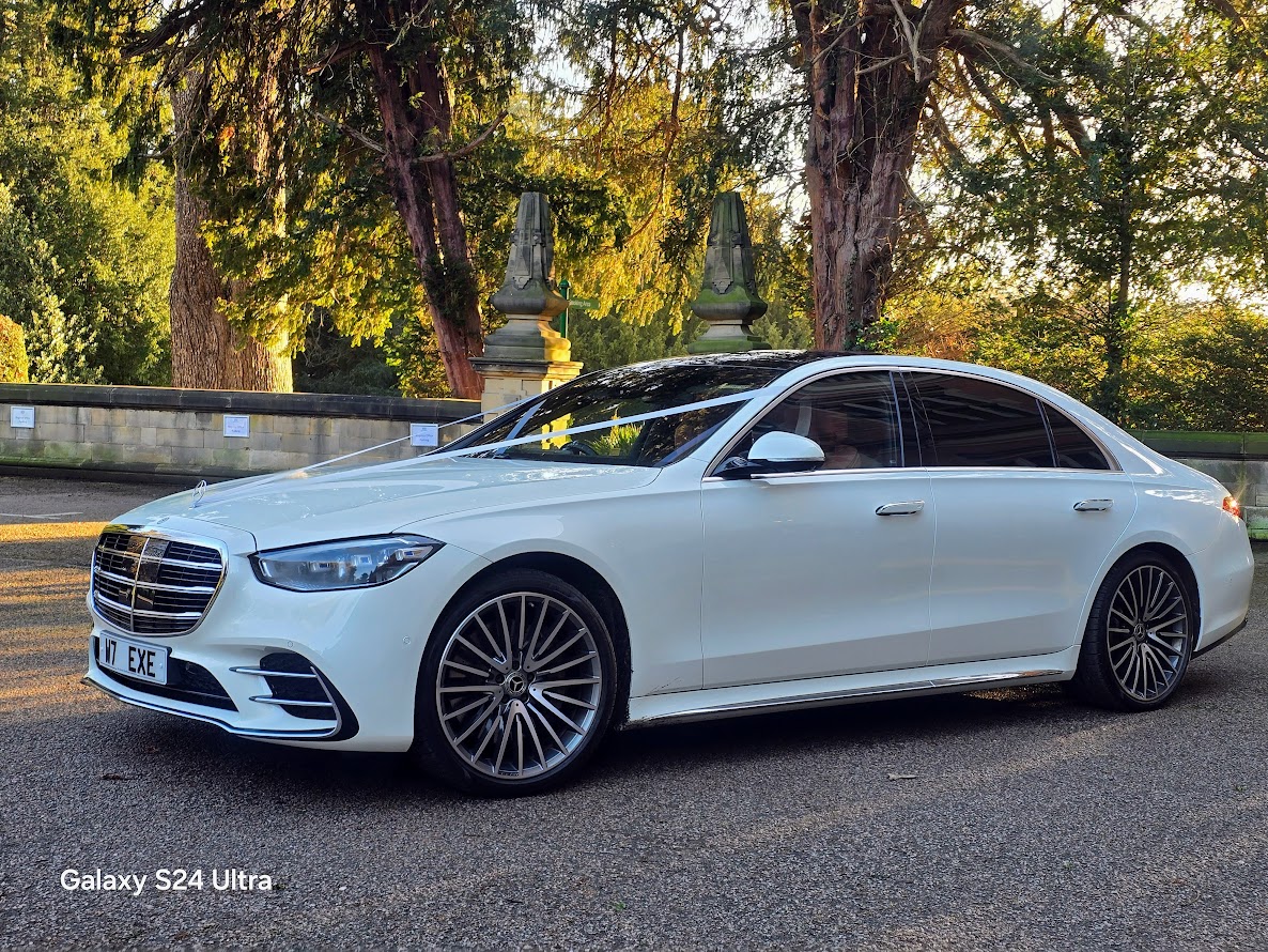 A sleek white luxury sedan parked under dappled sunlight, showcasing polished alloy wheels and refined lines against a lush backdrop.