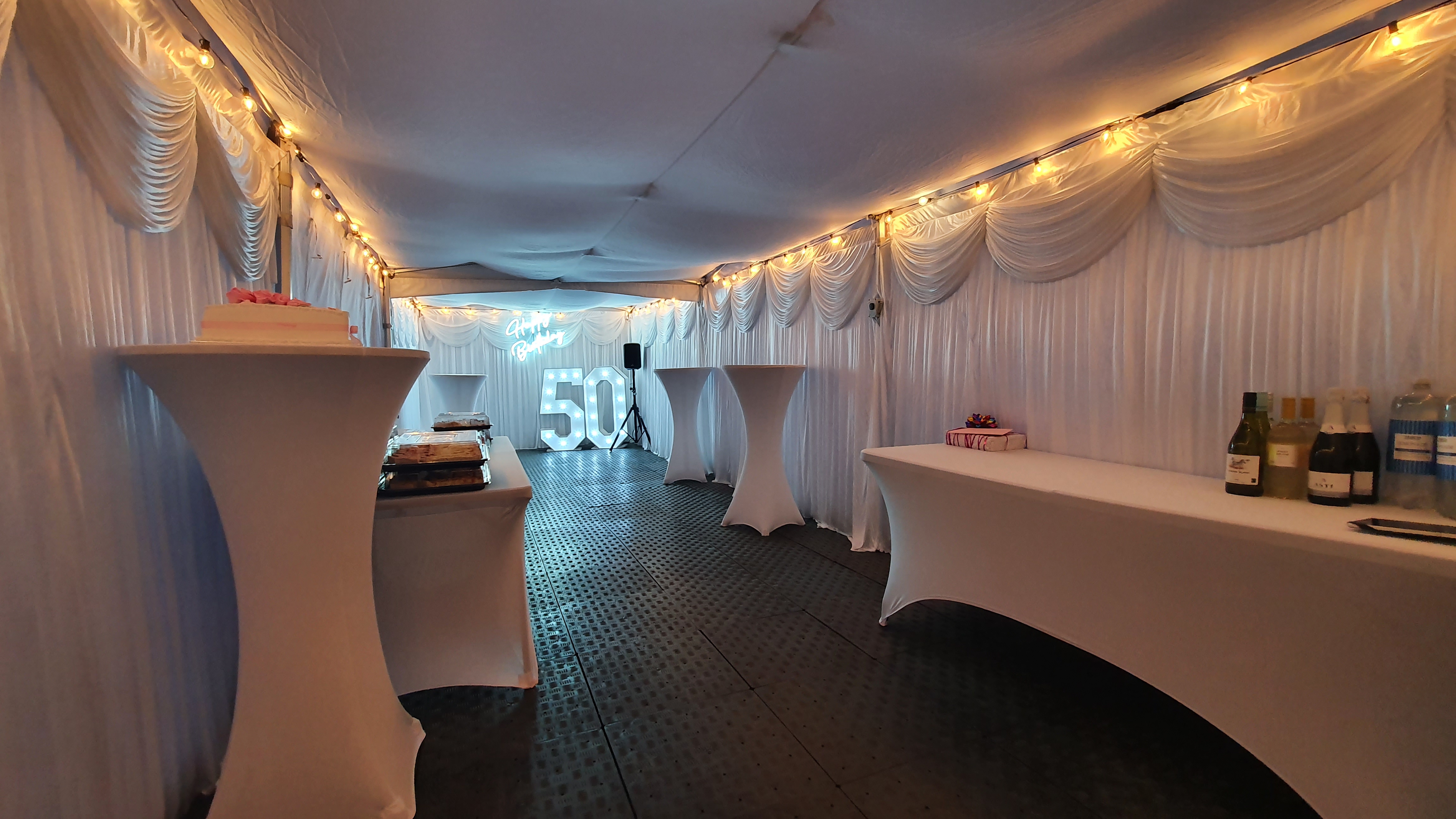 3m x 9m Party Tent in Black or White, INCLUDES Plastic Flooring & Lighting