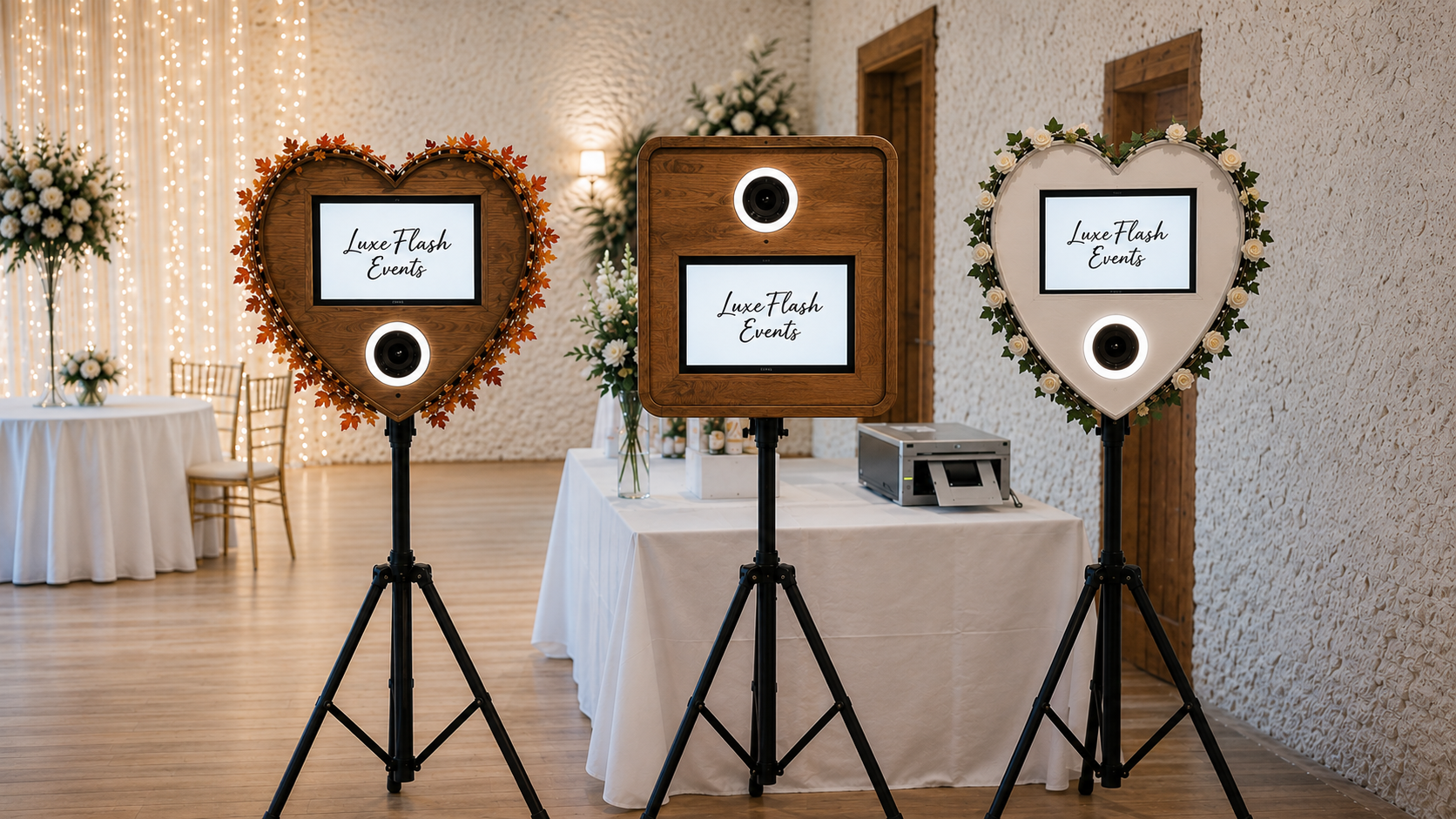 Three LuxeFlash Events photo booths stand in a row, heart-shaped wood and cream frames on tripods, under warm event lighting.
