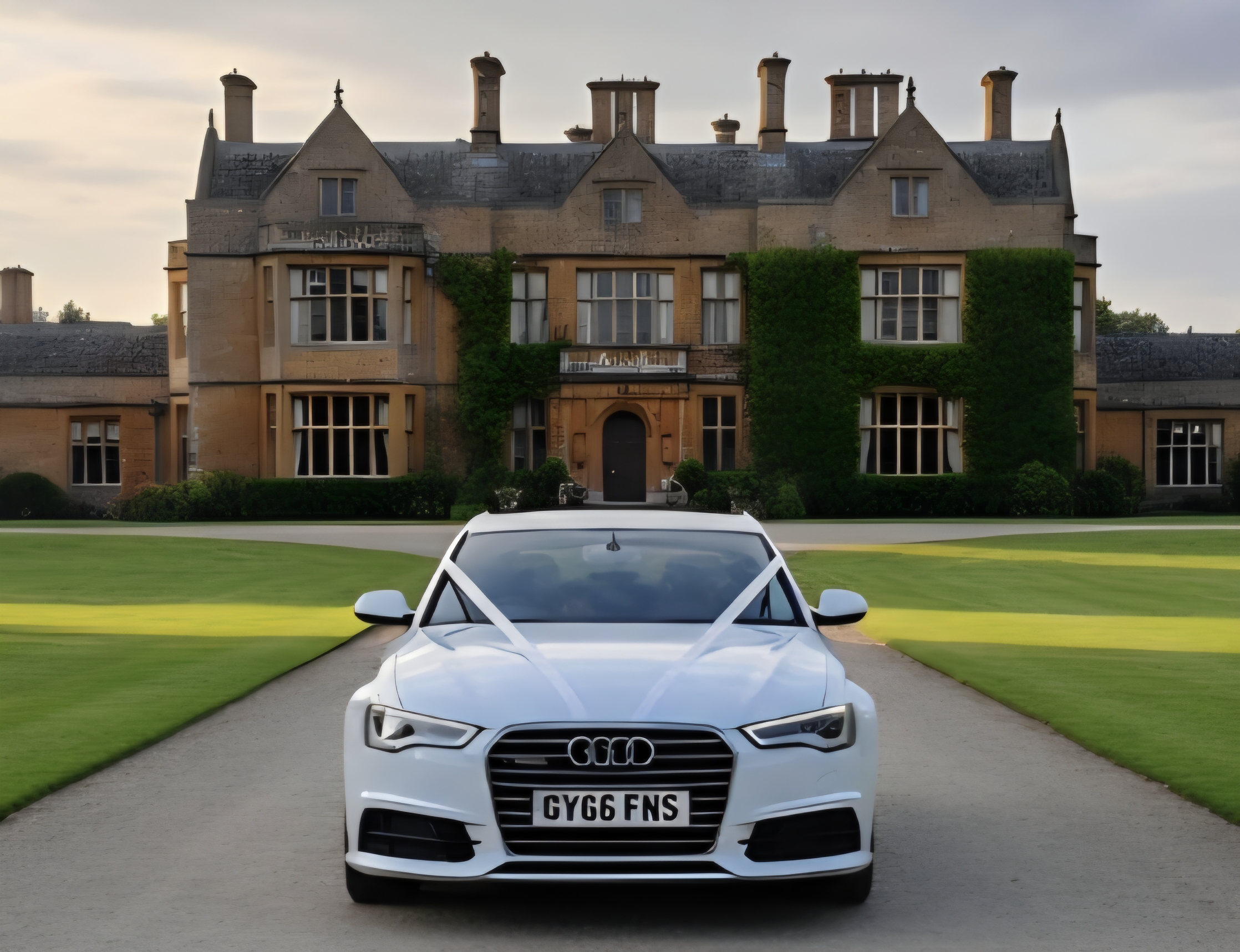 A sleek white Audi A6 is prominently displayed on a gravel surface, surrounded by lush greenery, exuding modern luxury and elegance.