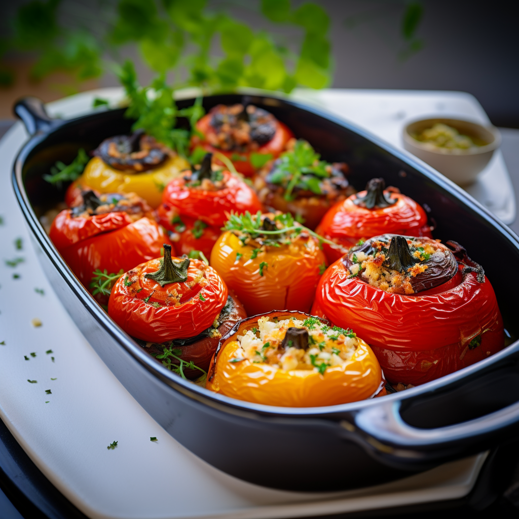 A glossy black casserole holds vibrant red and yellow stuffed peppers, garnished with fresh parsley, nestled on a white plate with a dipping sauce.