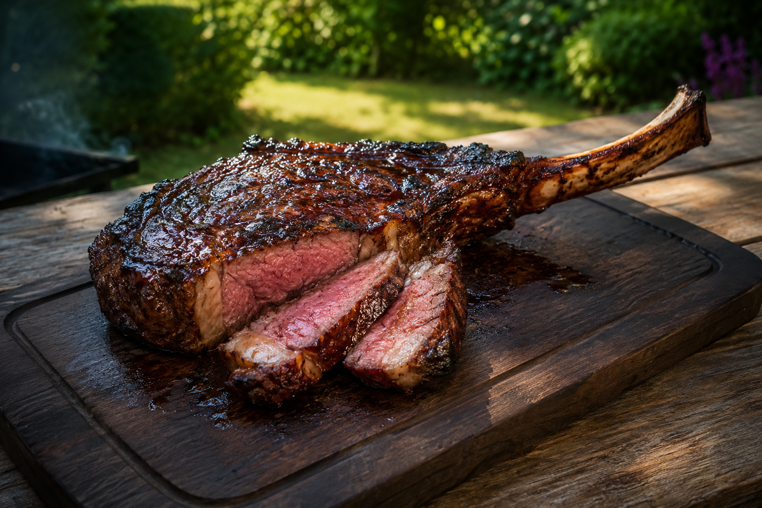 Juicy grilled tomahawk steak, sliced on a dark wood board, with smoky barbecue glaze and warm outdoor catering vibes in sunlight.