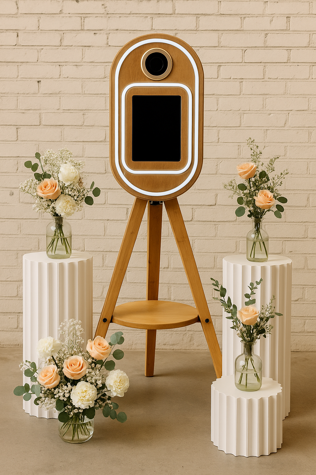 Warm daylight frames a wooden photo booth on tripod amid peach-and-white floral vases on ribbed pedestals, elegant catering display.