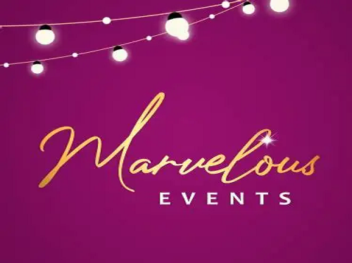 Magenta event backdrop with warm string lights and elegant gold script reading "Marvellous EVENTS," clean branded decor for catering.