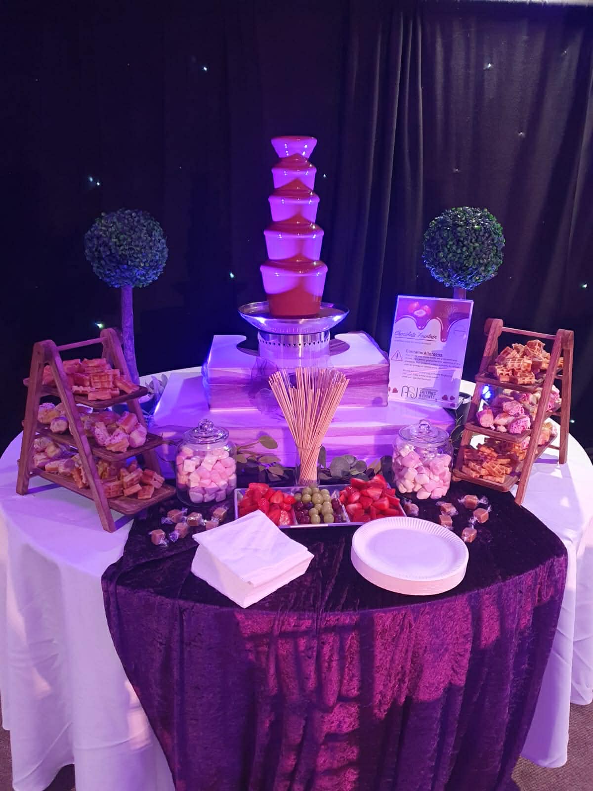 A vibrant dessert station features a chocolate fountain, stacked treats, fresh strawberries, and pastel marshmallows, illuminated by soft purple lighting.