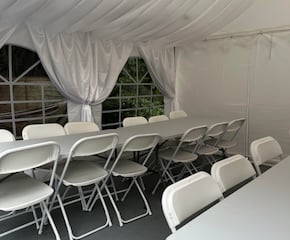 4m x 4m Marquee Party Tent with lining, carpet, chandelier, chairs, tables