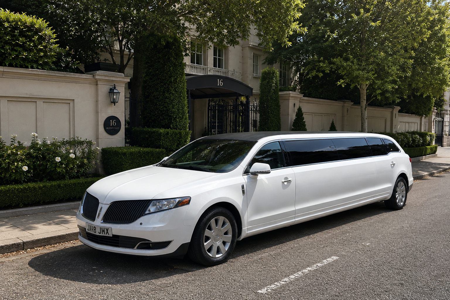 White vintage stretch limousine parked curbside outside a gated manor, polished windows and chrome, sunlit upscale chauffeur hire vibe.