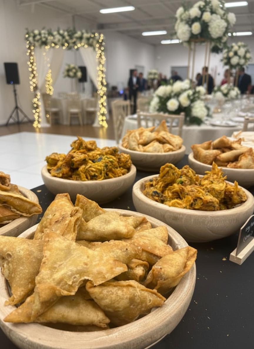 Golden samosas and spiced fritters in rustic wooden bowls sit elegantly on a black table, set against a bright, warmly lit event space.