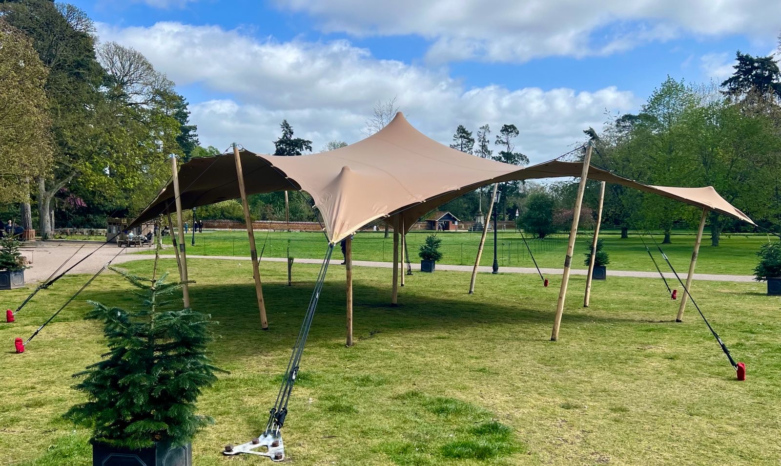 A large beige canvas tent with wooden poles is set up on lush green grass, surrounded by potted evergreen shrubs, creating a relaxed outdoor venue.