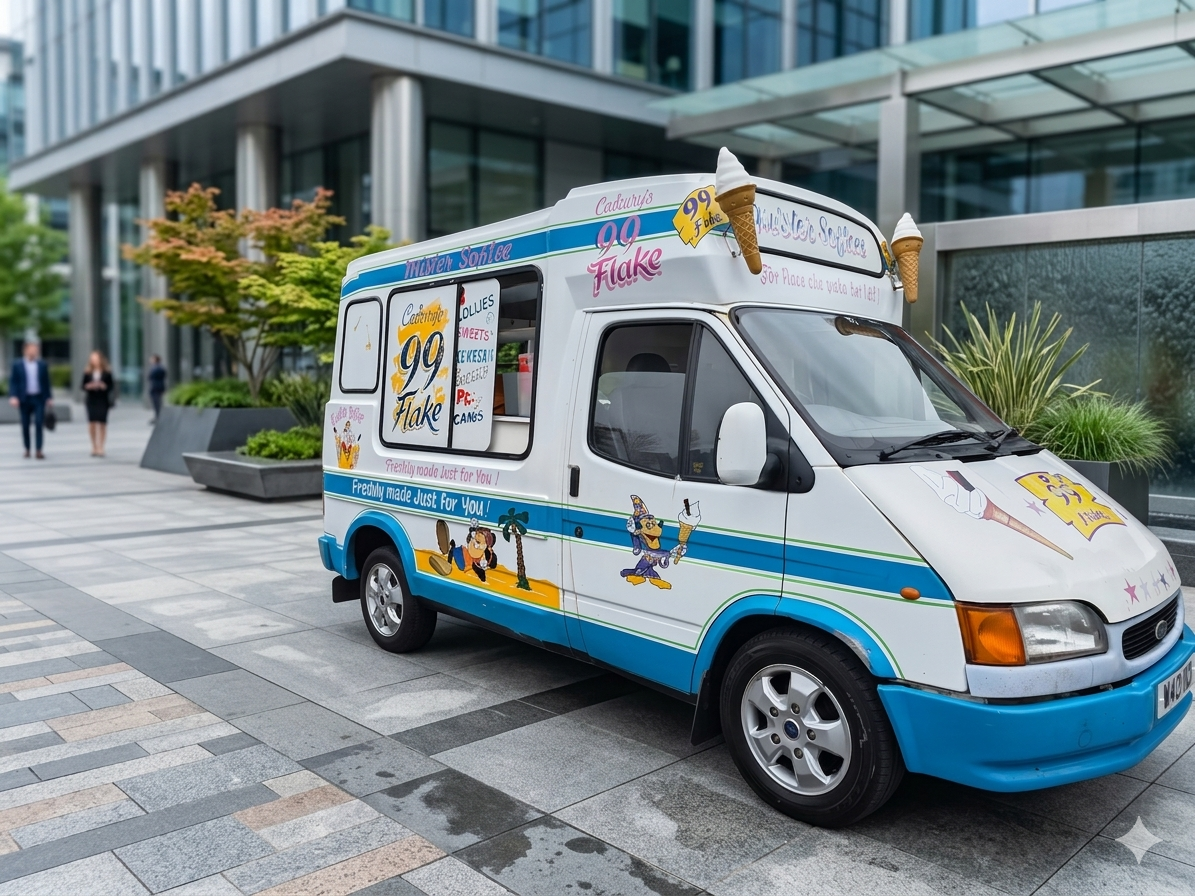 A charming ice cream van with bright blue and white design showcases the "99 Flake" signage, parked by modern glass buildings amidst greenery.