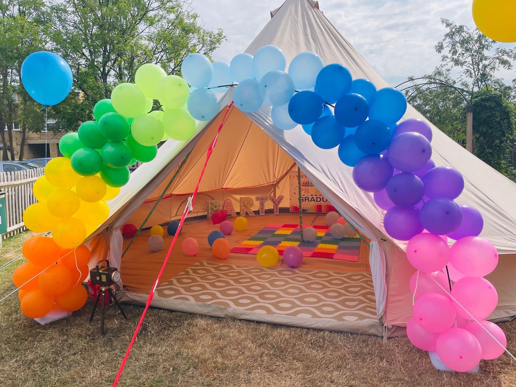 Rainbow Themed 7-Meter Chill Out Bell Tent with Balloon Garland