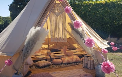 4m Cream Canvas Bell Tent Boho With Picnic Set Up