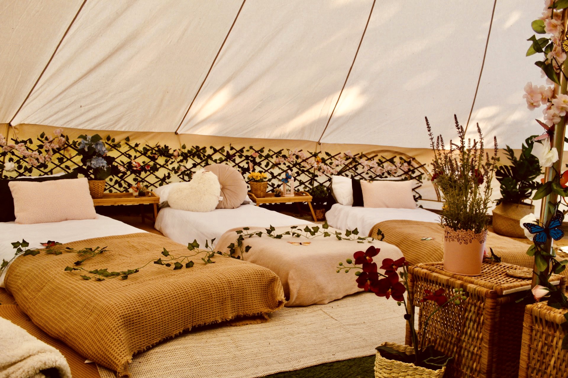Inside a cozy tent, three beds with warm, earthy linens are adorned with soft pillows and sprigs of greenery, creating a serene retreat.