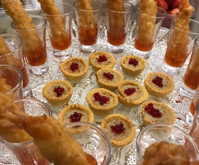 Handcrafted Canapes Featuring King Prawns Tempura and Sweet Chilli Sauce