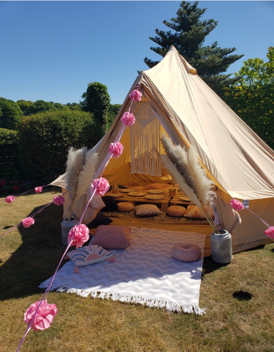 4m Cream Canvas Bell Tent Boho With Picnic Set Up